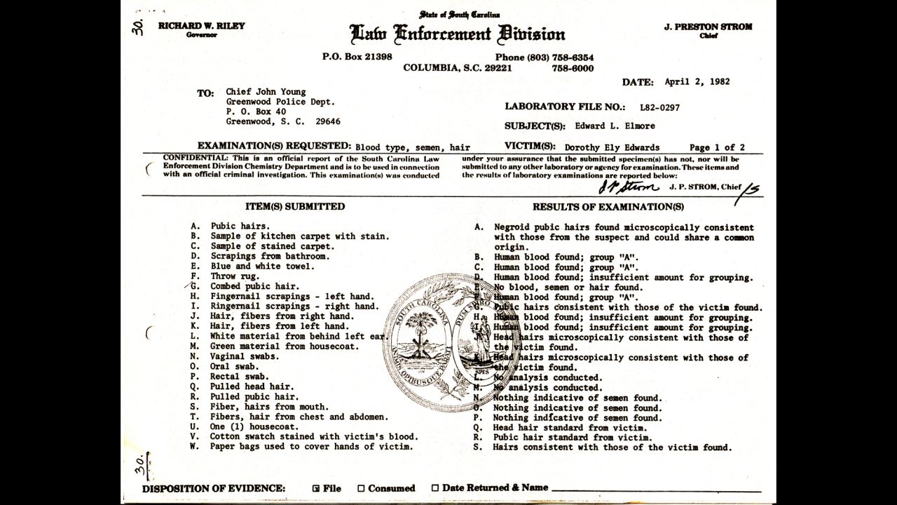 This police list suggests that key evidence was lost or hidden. Item "T" included "fibers" and "hairs" collected from Edwards' body but never introduced as trial evidence. More than a decade later, a state investigator found item "T" in the back of a desk drawer. New analysis showed that item T included a "Caucasian hair" that did not belong to Edwards or Elmore.