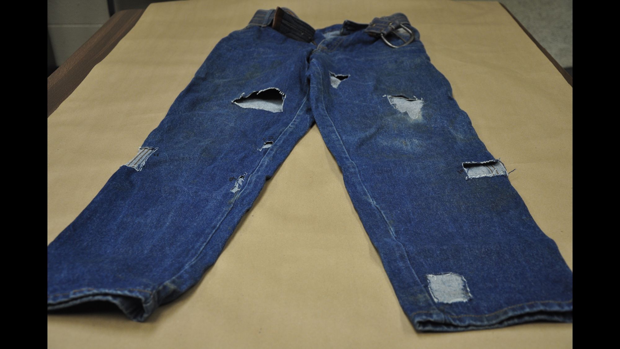 Jeans - Blue jeans with holes and stains, surrounded by green