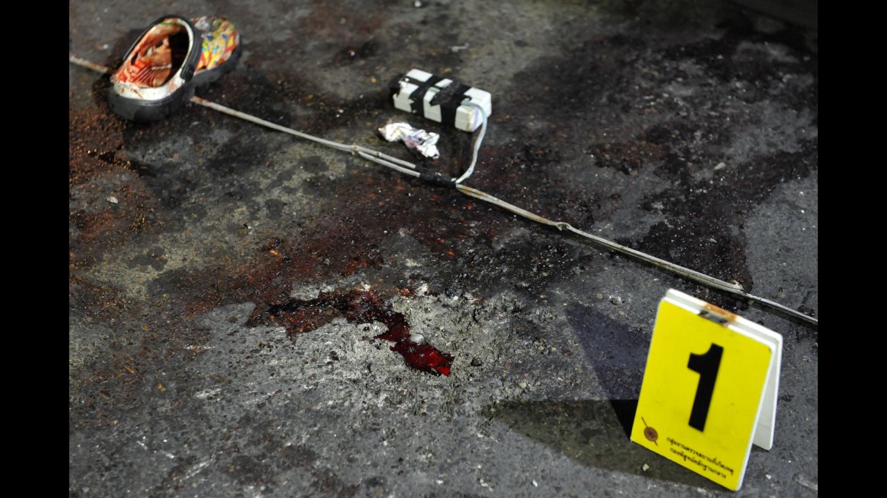 Debris is marked at the scene of the explosion in Bangkok on February 23.