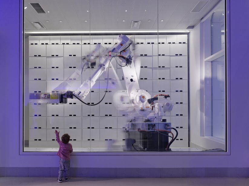 Luggage storage at Yotel is manned by a mechanical robot, programmed to collect suitcases and backpacks and stuff them into their assigned lockers.