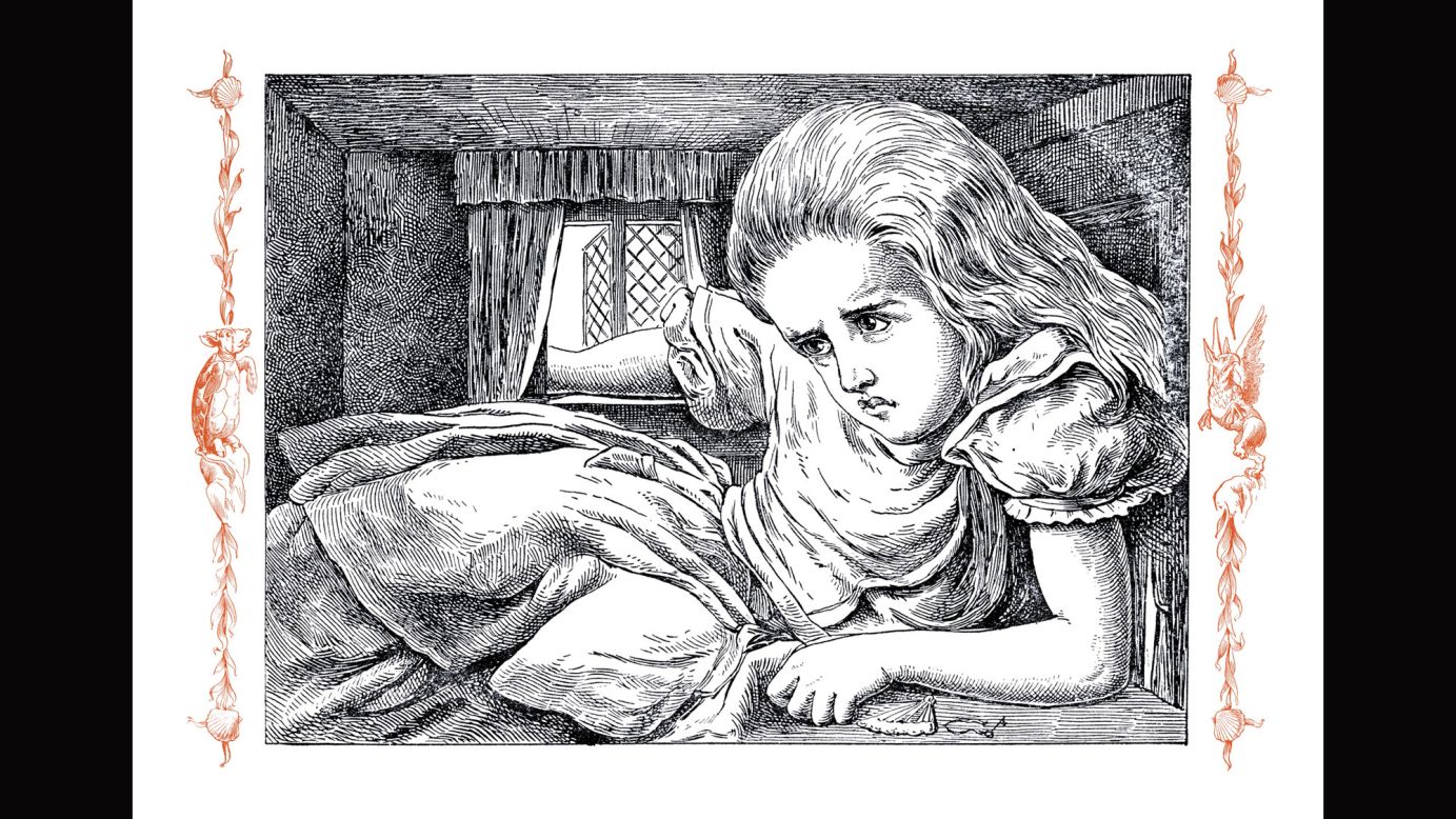 This illustration from "Alice in Wonderland" show's Alice after she eats a piece of cake and  increases in size. 