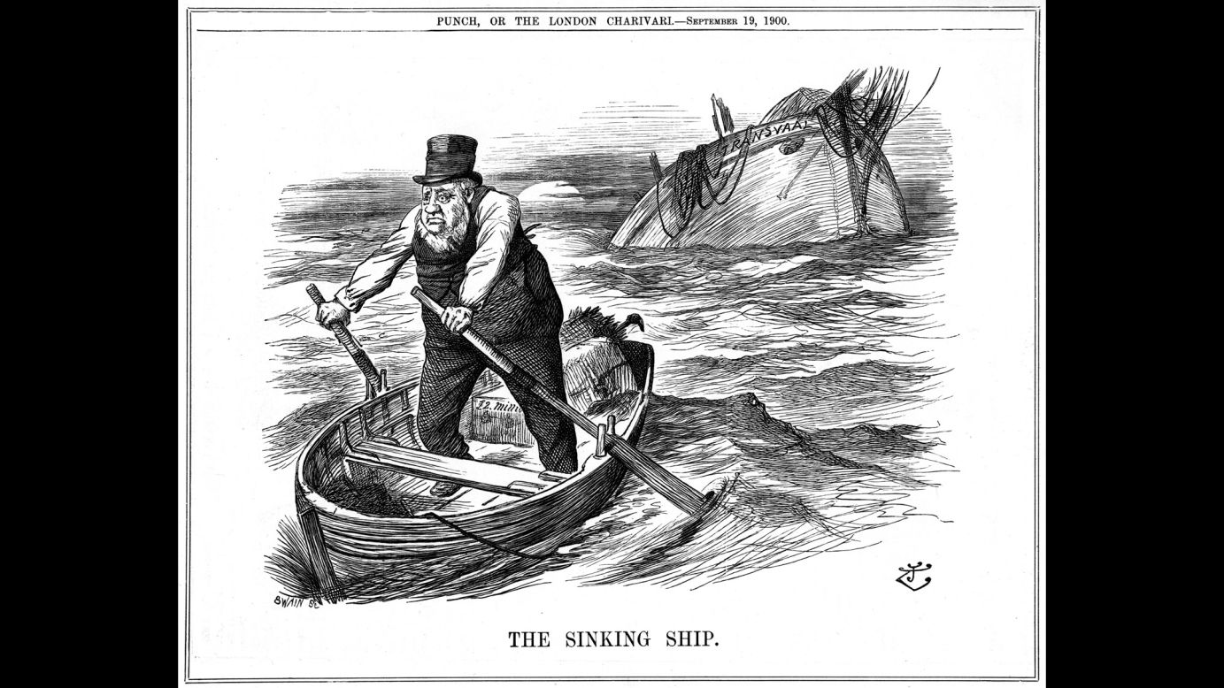 "The Pilgrim's Rest" depicts South African politician Paul Kruger rowing away from the sinking ship representing the Transvaal. Kruger moved to the Netherlands after being too old and sickly to fight in the second Boer War, which ended with a British victory and the annexation of both independent South African republics by the British Empire