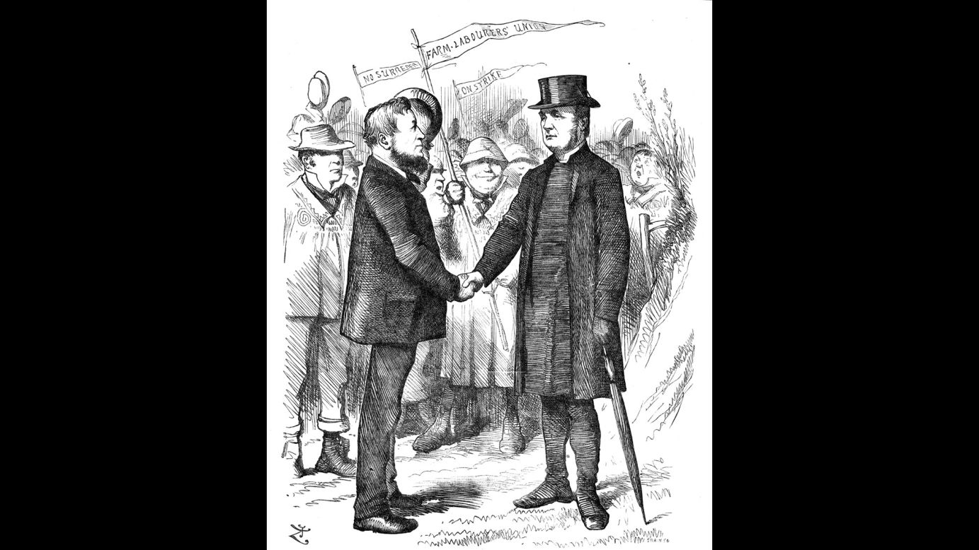 This cartoon from Punch portrays Joseph Arch greeting the Bishop of Manchester, who supported Arch's National Union of Farm Labourers in a letter to The Times.