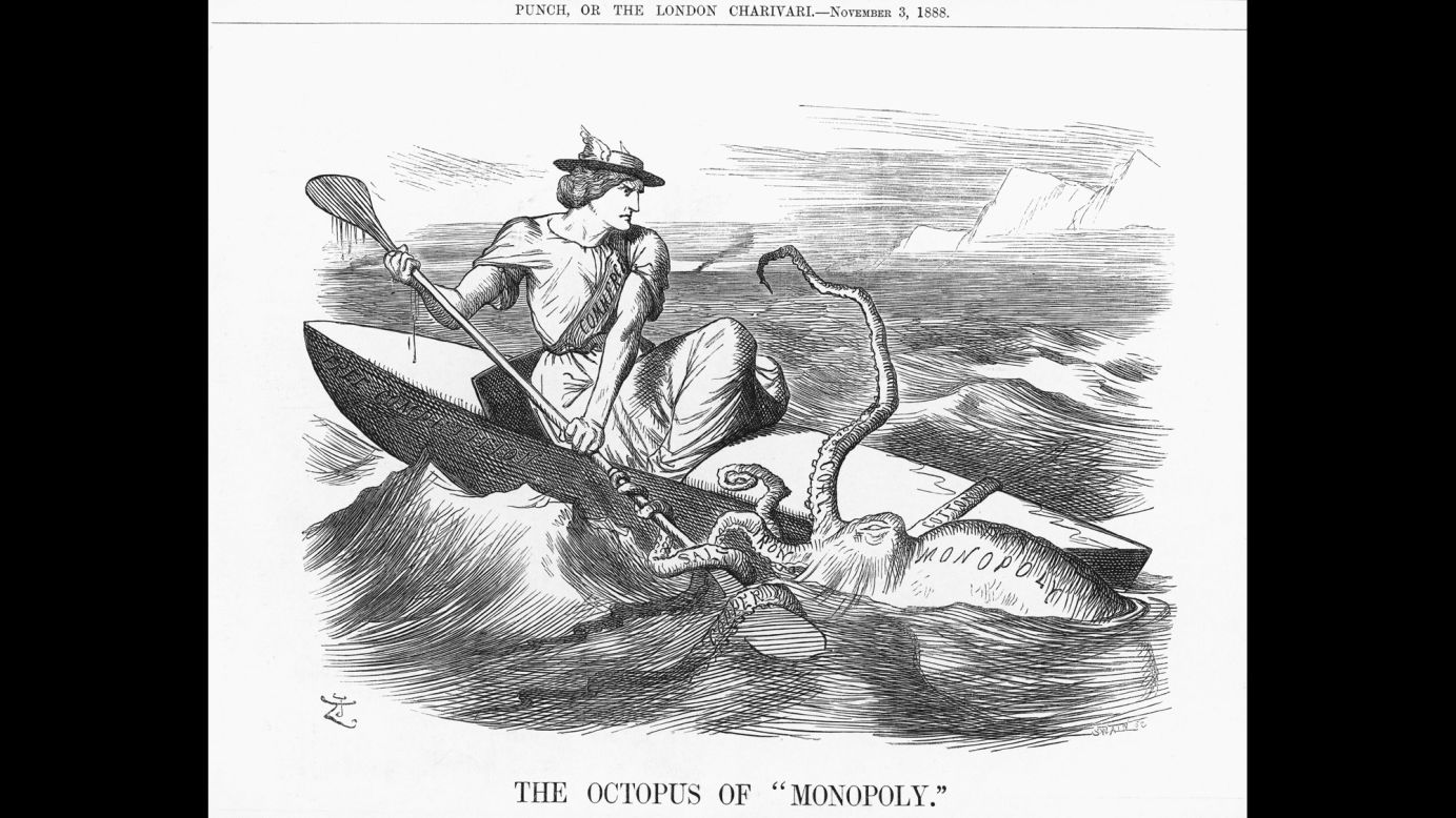 The 1888 illustration "The Octopus of Monopoly" depicts commerce battling the octopus labeled "monopoly." The little boat, Free Competition, is being pulled under the waves by the tentacles of copper, salt, iron, coal and cotton. English Industry was finding it increasingly difficult to obtain those materials because they were under near monopoly control.