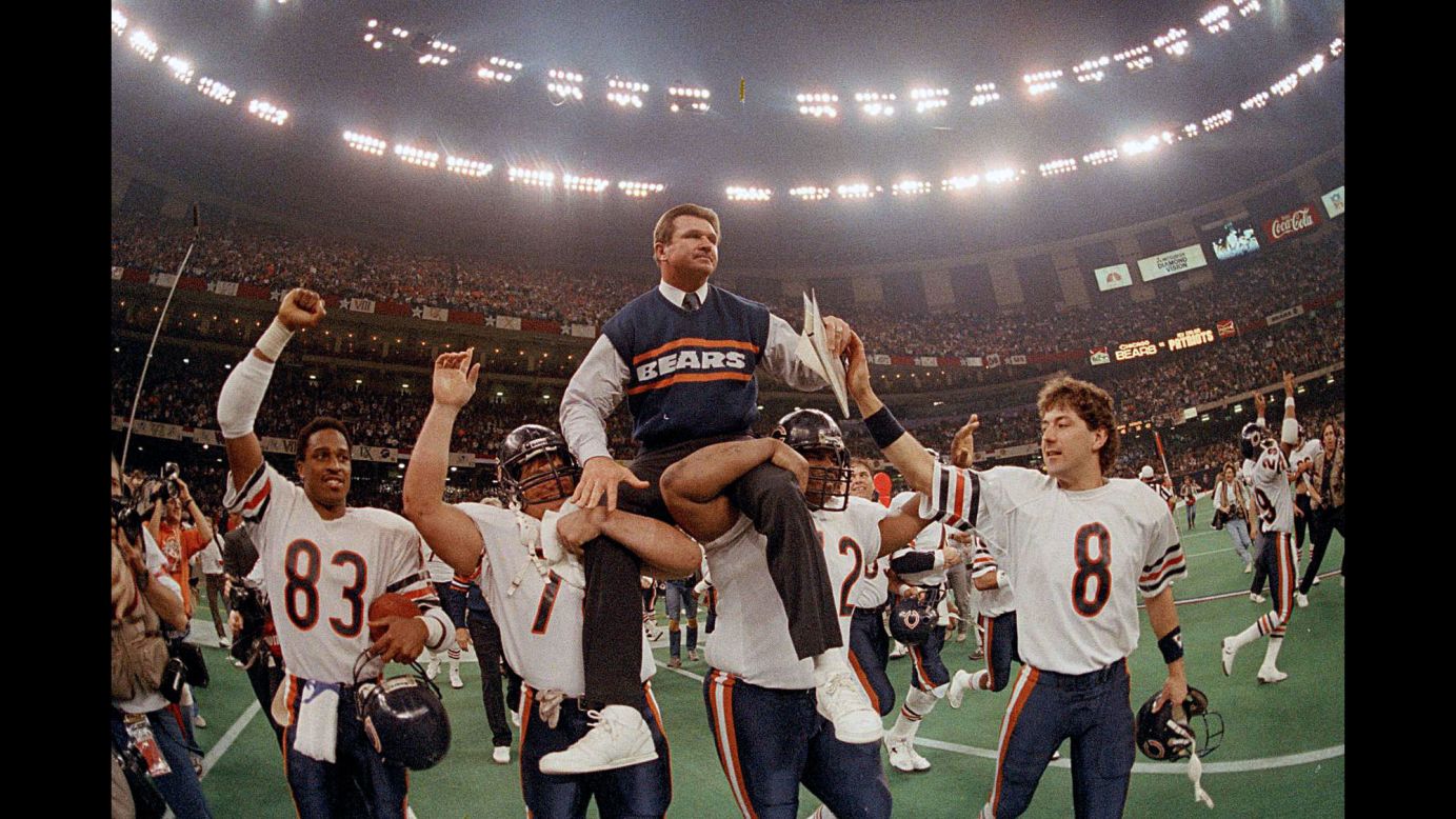 Chicago Bears head coach Mike Ditka is carried off the field by his players after the team won Super Bowl XX in January 1986. It is the Bears' only Super Bowl victory.