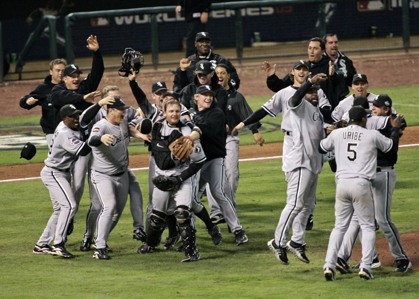 The Chicago White Sox celebrate after winning the 2005 World Series with a four-game sweep over the Houston Astros. It was the team's third World Series title and first since 1917.