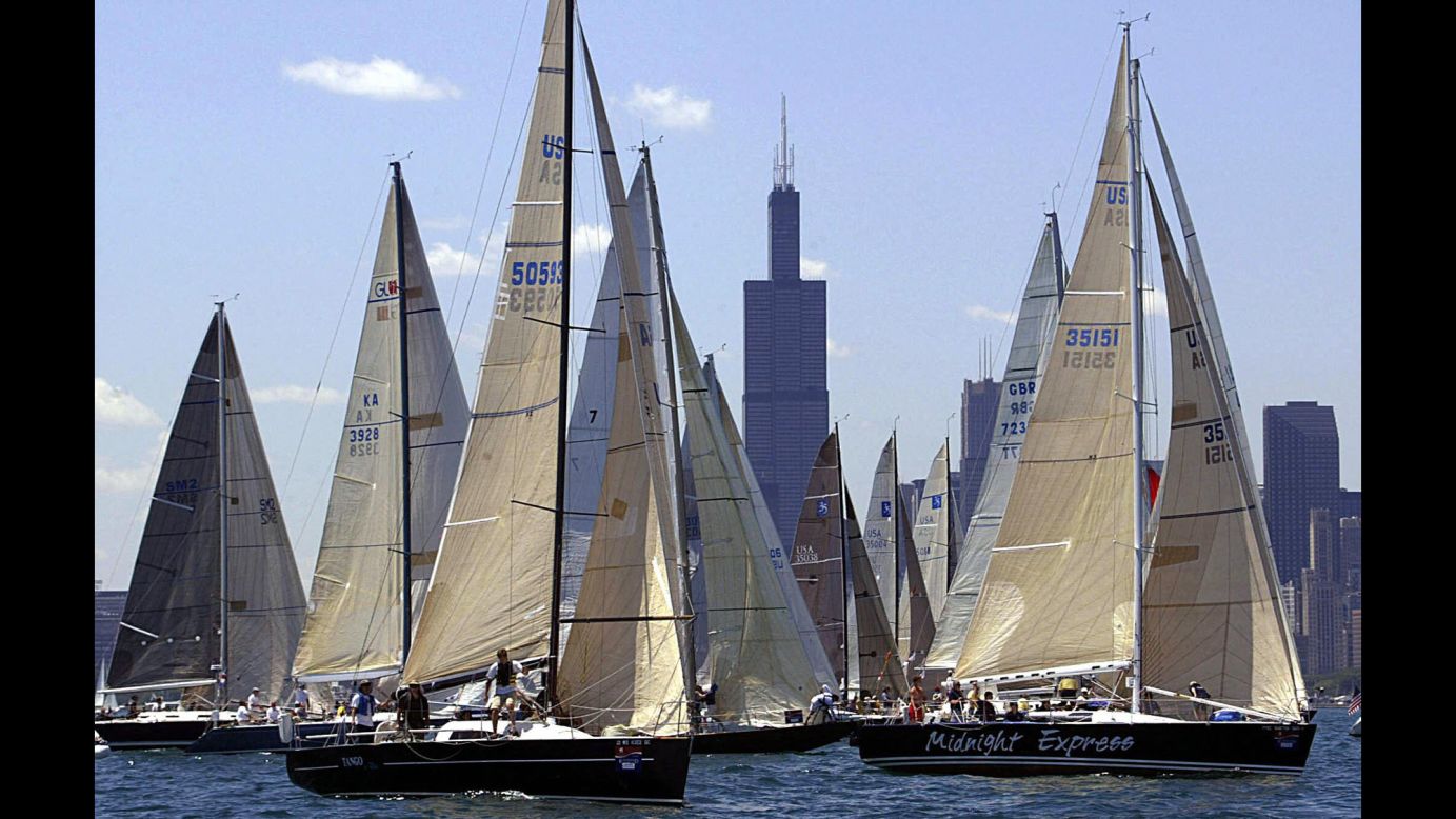 Against the backdrop of Chicago's Sears Tower, sailboats are set for the start of the Chicago Yacht Club Race to Mackinac in July 2003. It is the world's longest annual freshwater race, having started in 1898.