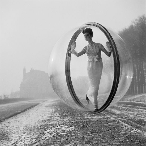 Photographer Melvin Sokolsky captured the now legendary "Bubble" series in 1963 in Paris, for Harper's Bazaar. The only photo retouching involved was to remove traces of an 1/8th inch cable which held the sphere.