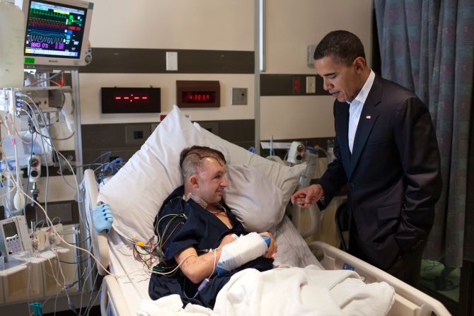 Obama met Remsburg for the second time at the National Naval Medical Center in Bethesda, Maryland, on February 28, 2010. The President realized the two had met before when he saw the photo of them in Normandy by Remsburg's bedside.