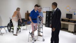 President Barack Obama meets privately with wounded soldier Army Ranger SFC Cory Remsburg, at Desert Vista High School in Phoenix, Ariz., on Aug. 6, 2013. 