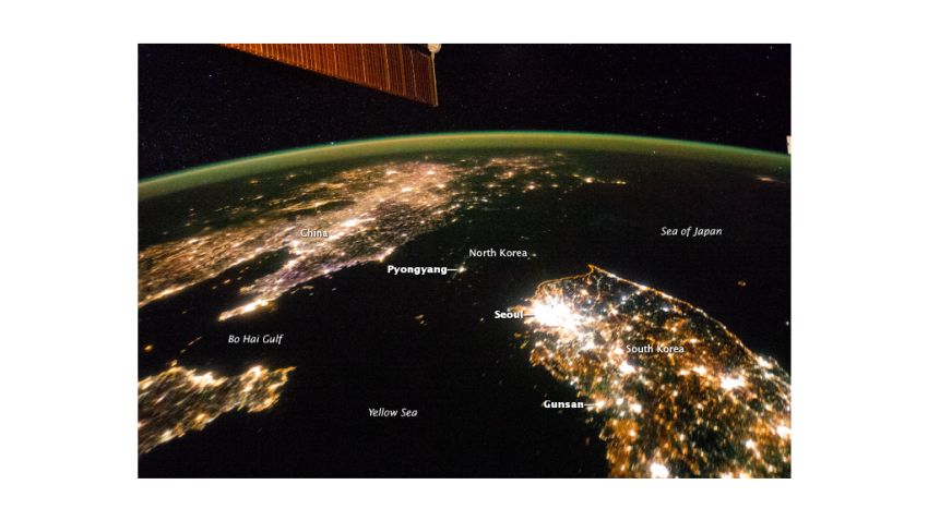 Flying over East Asia, astronauts on the International Space Station (ISS) took this night image of the Korean Peninsula.