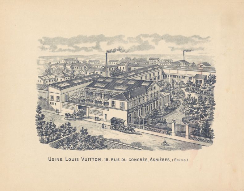 In order to meet the growing demand for his trunks, Louis Vuitton opened a new workshop in Asnières, northwest of Paris in 1859. The factory, seen here on the back of the 1897 Vuitton catalog, was designed using  the most modern architectural developments of the time. 