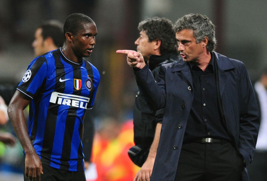 Eto'o takes instructions from Jose Mourinho at Inter Milan, where he won the Champions League in 2010 after leaving Barcelona.