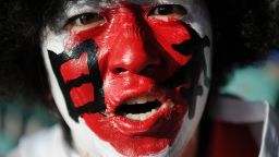 Japanese fan wears Japan's colors before the 2011 Rugby World Cup pool A match France vs Japan at the North Harbour stadium in Auckland on September 10, 2011. AFP PHOTO / FRANCK FIFE (Photo credit should read FRANCK FIFE/AFP/Getty Images) 