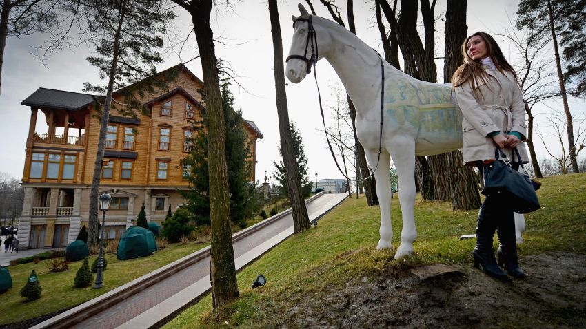 A woman stands near a sculpture of a horse around President Viktor Yanukovych's Mezhyhirya estate, which was abandoned by security, on February 26, 2014 in Kiev, Ukraine.