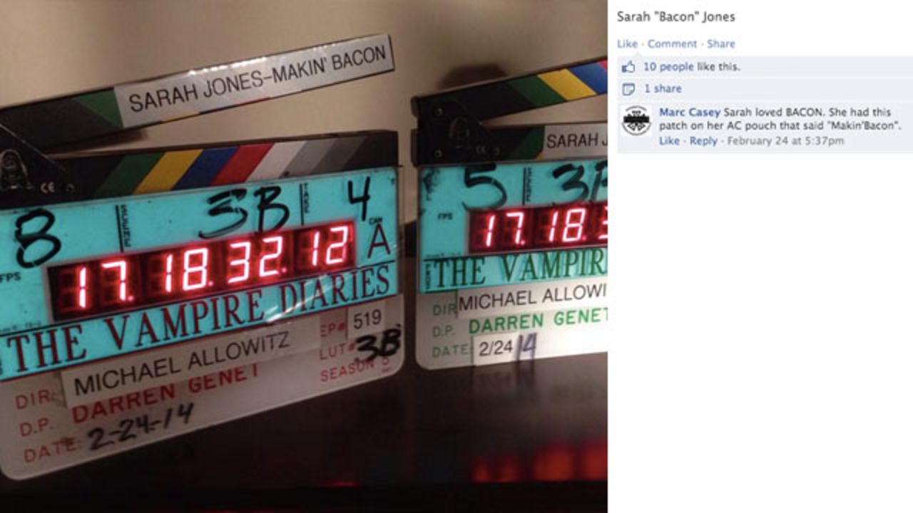 Jones worked on the set of "The Vampire Diaries" in Atlanta as a second camera assistant. Part of her job included marking the start of a take with a camera slate. Her co-workers shared this tribute in remembrance of her.