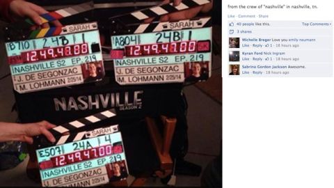 Crew members from the set of the TV show "Nashville" honor Jones. One of her duties as a camera assistant was to mark shots with a camera slate.