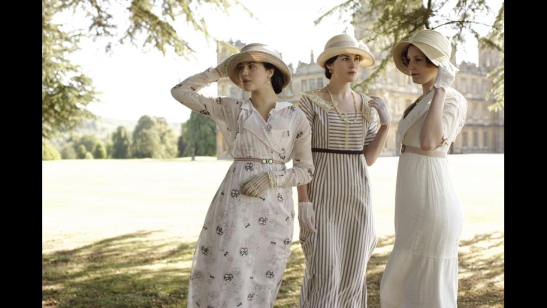 The Crawley sisters attend a garden party on the estate. Lady Cybil, left, is wearing a vintage dress, one of a few nearly 100 percent vintage pieces in the Winterthur exhibit.