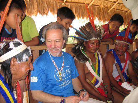Plotkin discusses local plant and animal names with Trio shaman and apprentices in Kwamalasamutu village, southwest Suriname. 