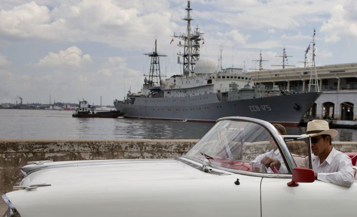 A Russian warship docks at a harbor in Havana, Cuba, on Thursday, February 27, a day after Russia's defense minister announced plans to expand the country's worldwide military presence. The Vishnya-class ship is generally used for intelligence gathering.