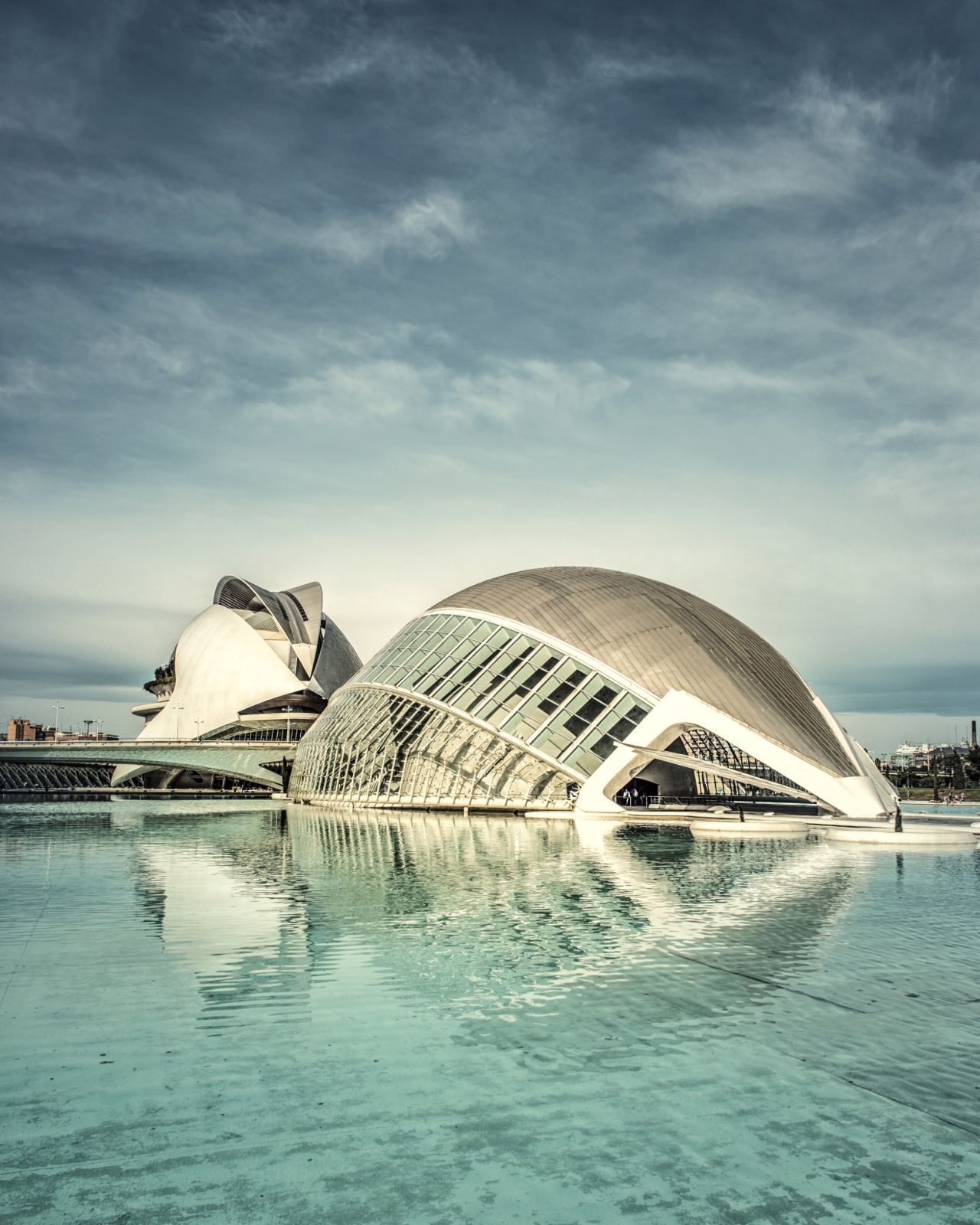 Esta sala de conciertos fue el último edificio que se terminó en el complejo Ciudad de las Artes y las Ciencias. Las dos cubiertas de acero que cubren el edificio pesan más de 3.000 toneladas. Arquitecto: Santiago Calatrava S.A.