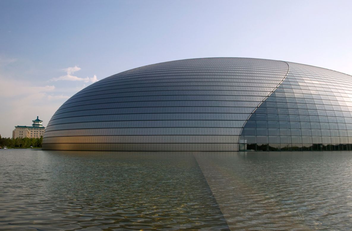 Nicknamed "the giant egg," this Beijing building contains an opera house (2,398 seats), a concert hall (2,019 seats) and two theaters (one with 1,035 seats). <strong>Architect: </strong>Paul Andreu.