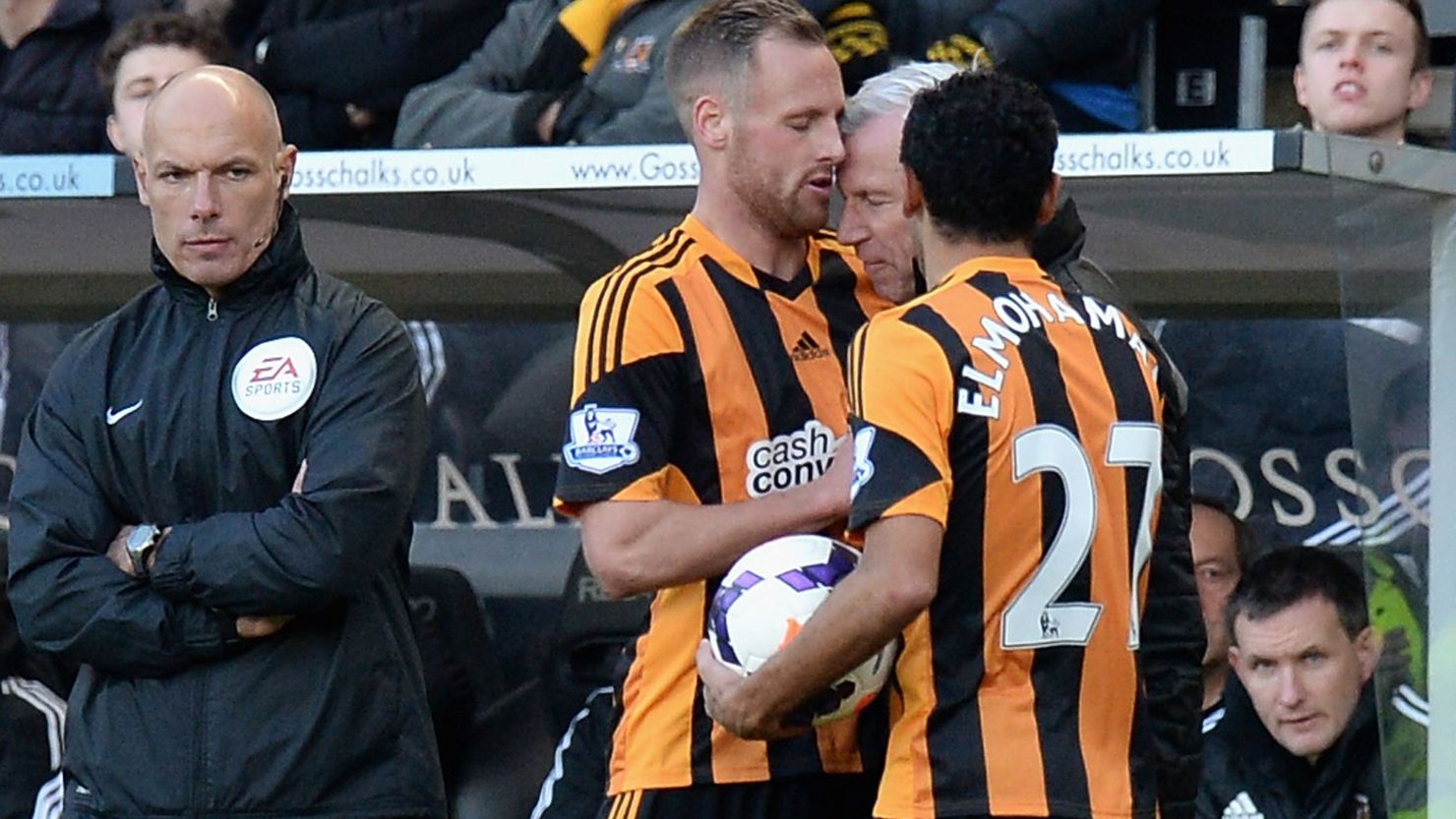 Newcastle United manager Alan Pardew (second from right) makes contact with David Meyler (center) on Saturday. 