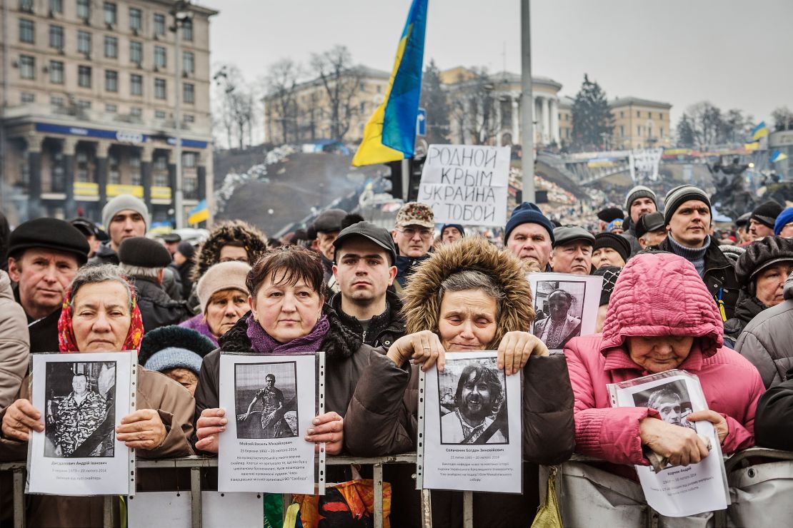 People attend a rally against Russia at Kiev's Independence square in the Ukraine capital on March 2, 2014.
