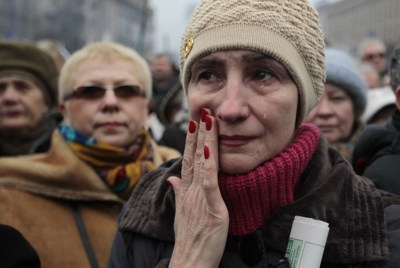 A woman cries during a rally in Independence Square on March 2.