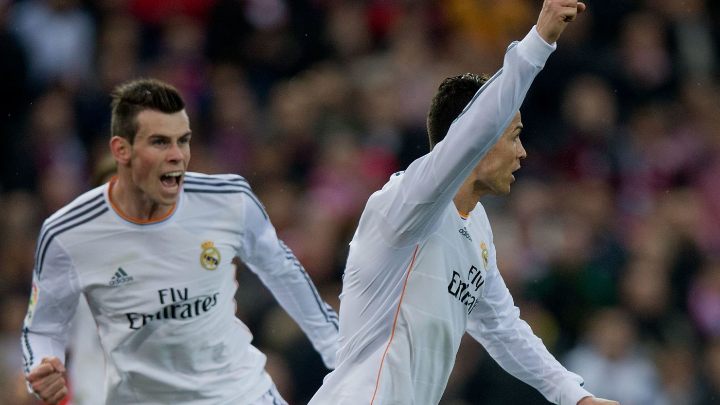 Cristiano Ronaldo celebrates with Gareth Bale in close attendance as he equalizes for Real Madrid.