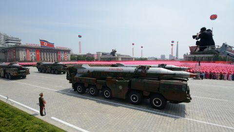 An unidentified North Korean missile is displayed during a military parade past Kim Il-Sung square on July 27, 2013. 