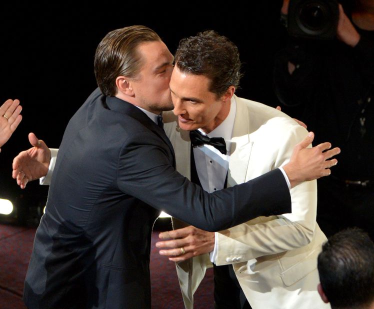 Leonardo DiCaprio, left, congratulates Matthew McConaughey for winning the best actor Oscar for "Dallas Buyers Club." DiCaprio, who starred in "The Wolf of Wall Street," was also up for the award.
