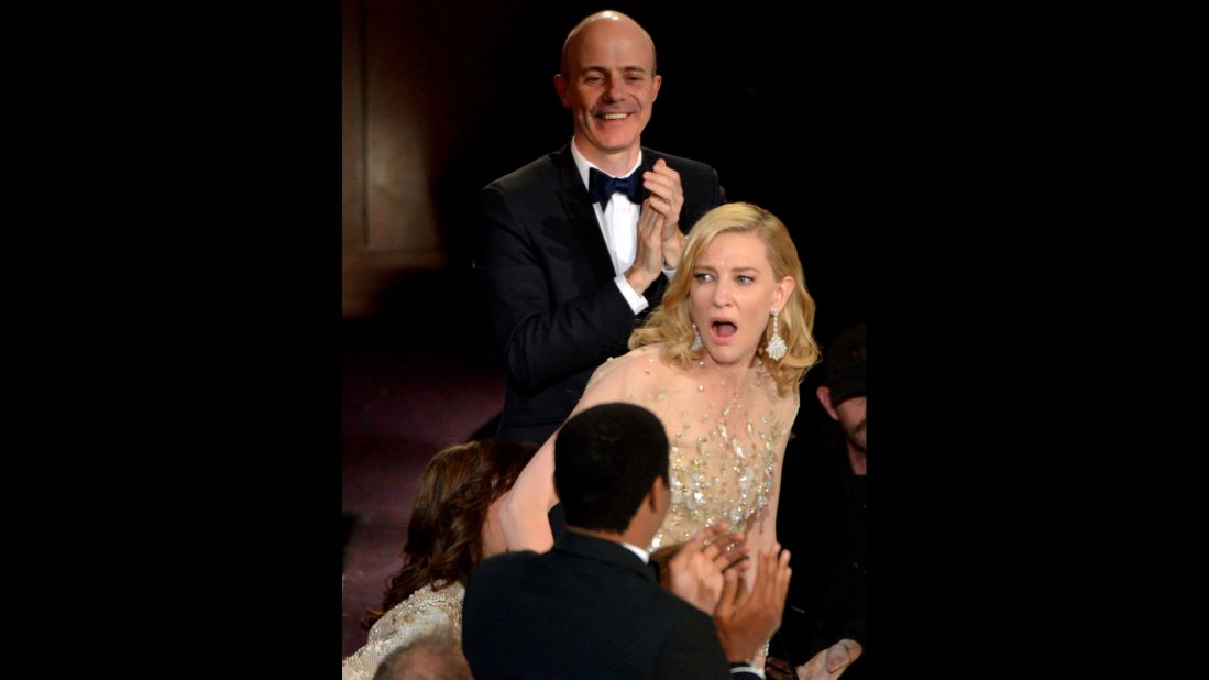 Cate Blanchett reacts after winning best actress for her role in "Blue Jasmine."