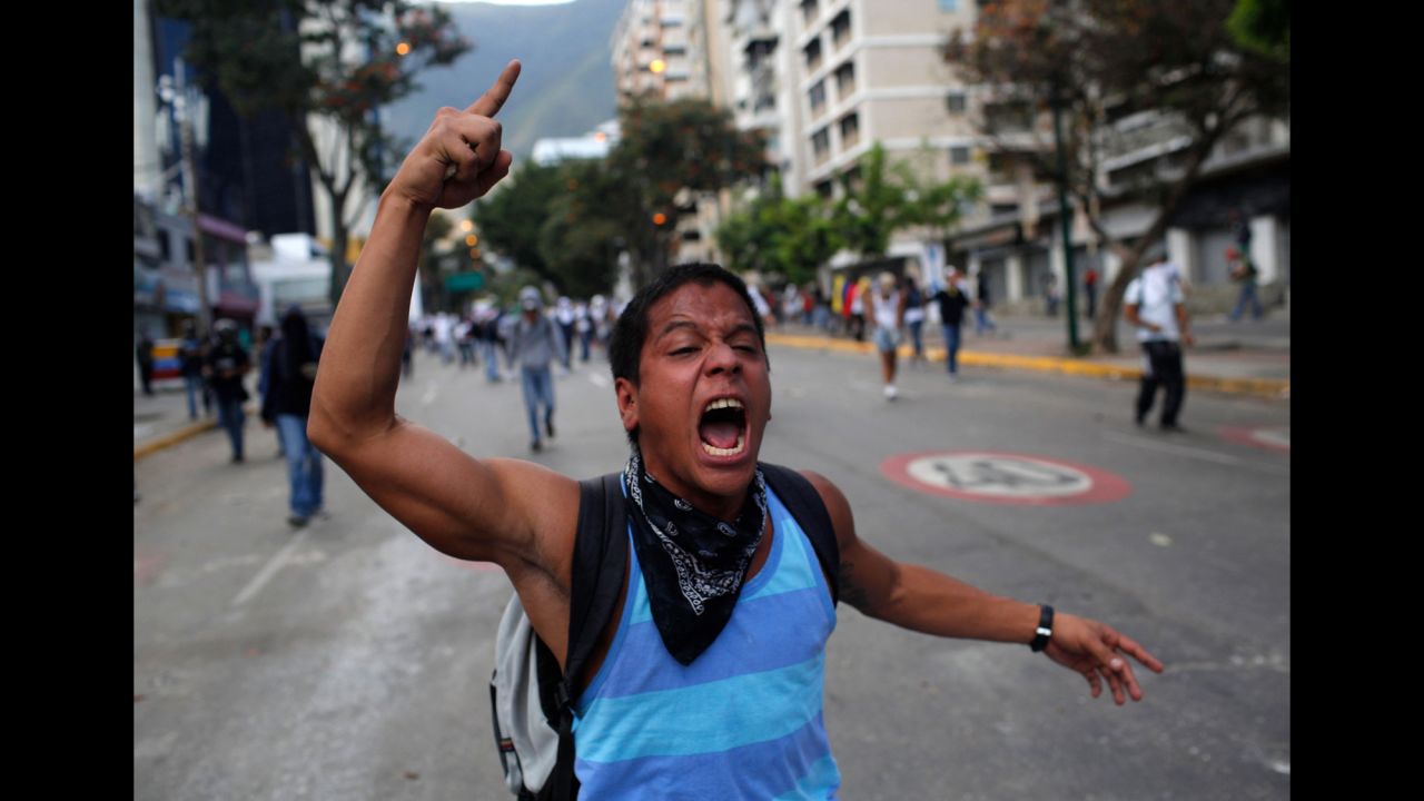 A protester shouts during clashes with government forces in Caracas on March 2.