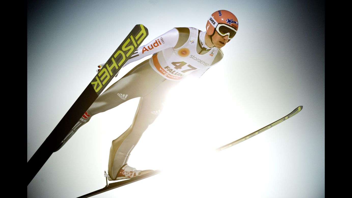 Ski jumper Severin Freund jumps during a World Cup competition in Falun, Sweden, on Wednesday, February 26.