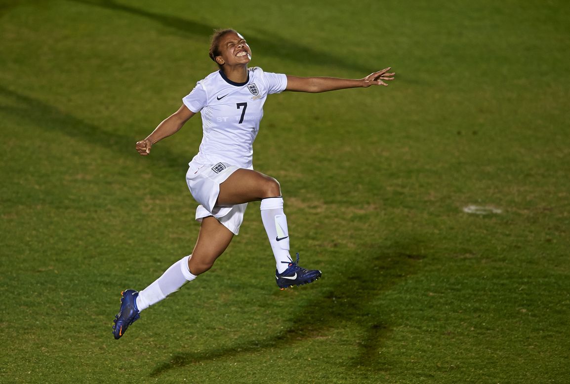 Soccer player Nikita Parris of England celebrates scoring during the U-23 friendly match against Sweden in La Manga, Spain, on Saturday, March 1.