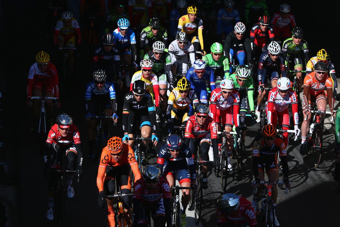 Cyclists compete during the Kuurne-Brussels-Kuurne race Sunday, March 2, in Kuurne, Belgium. 