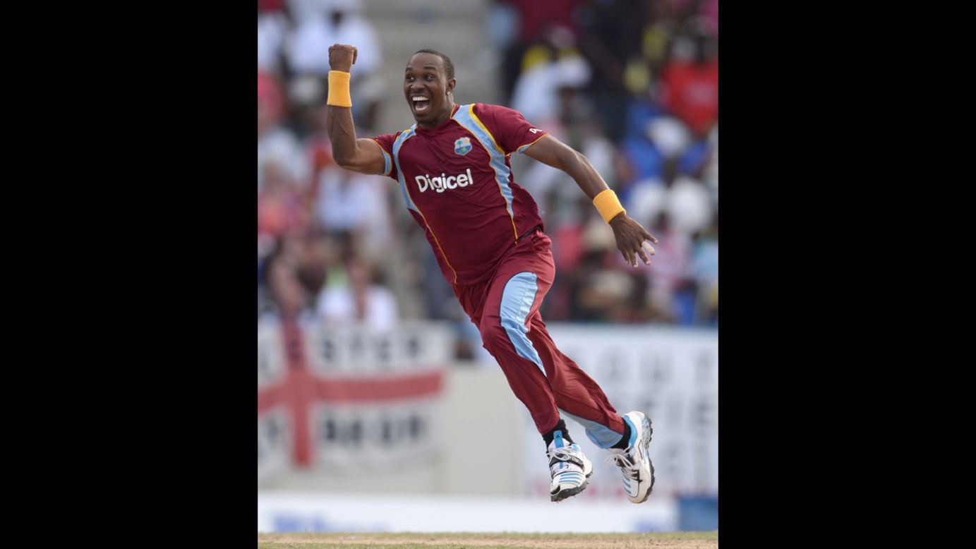 Dwayne Bravo, a cricketer from the West Indies, celebrates Sunday, March 2, during the second match of the One Day International series between the West Indies and England in Antigua.