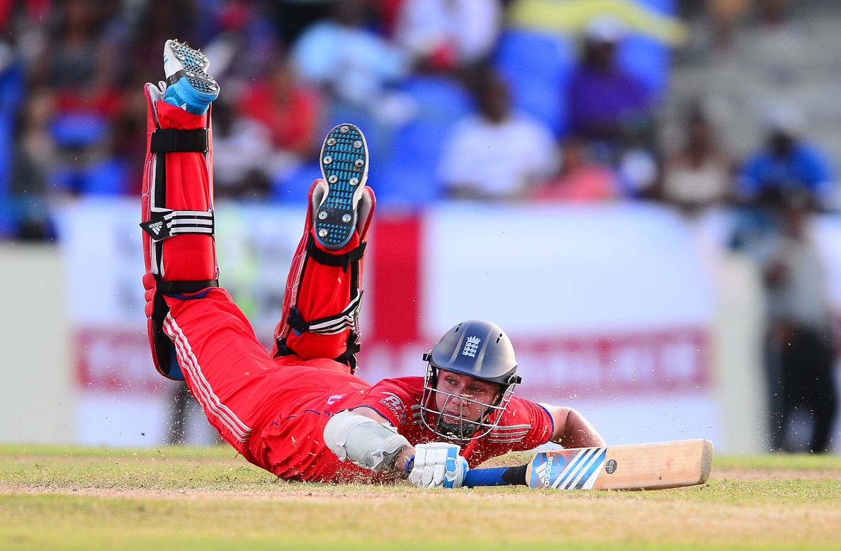 England captain Stuart Broad dives to safety during the second match of the One Day International series between the West Indies and England.