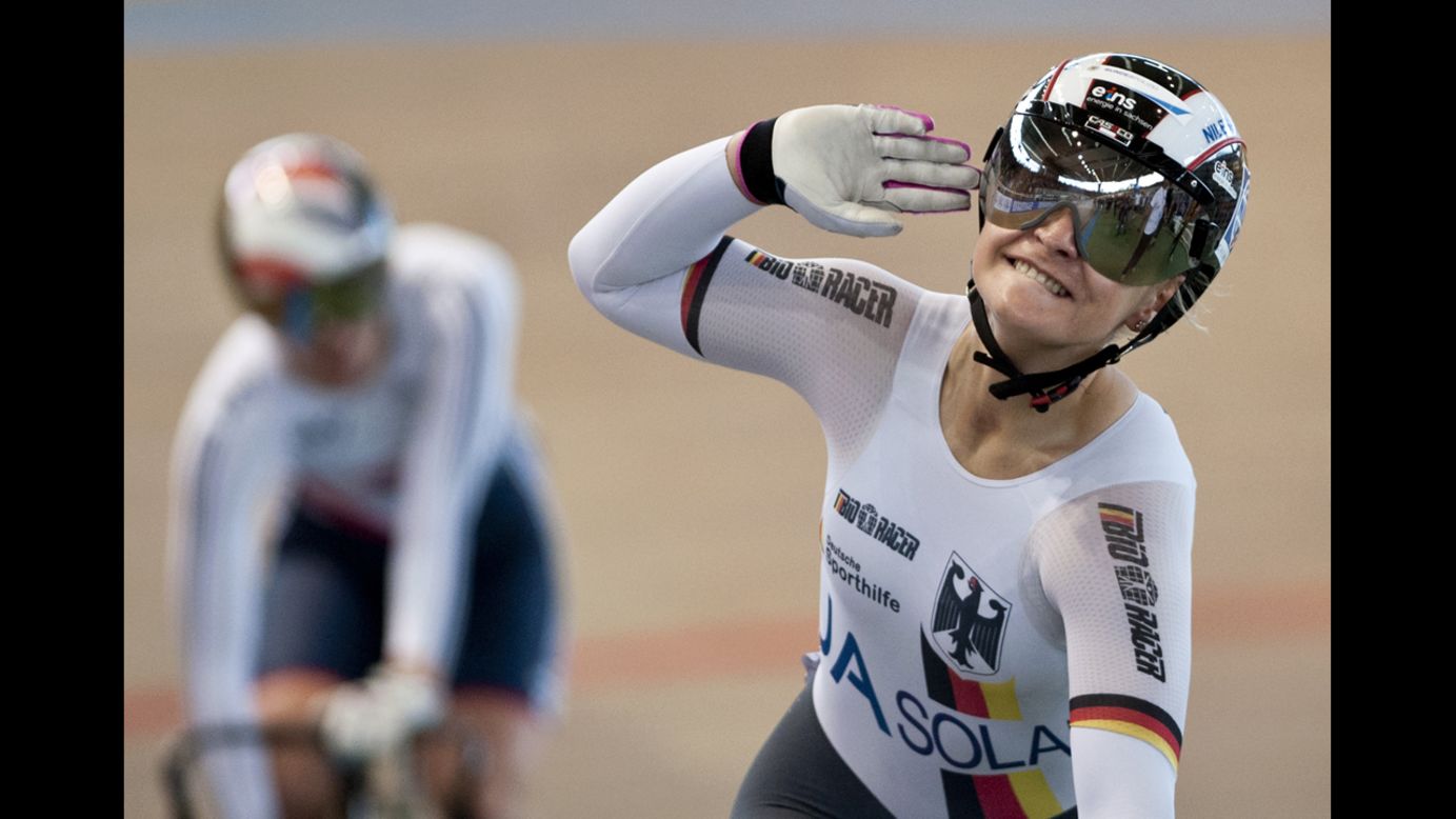 Kristina Vogel of Germany celebrates after winning a gold medal in the keirin event Sunday, March 2, at the UCI Track Cycling World Championships in Cali, Colombia.