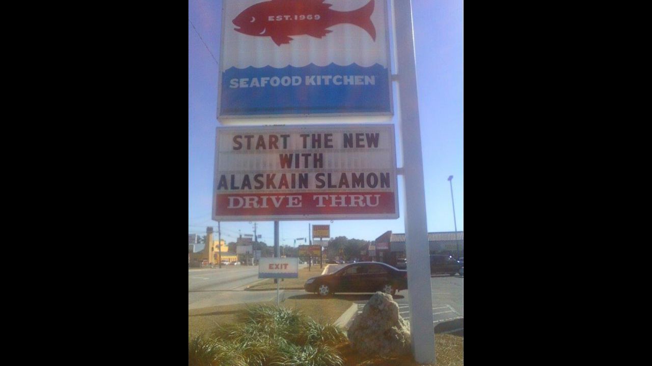 "Start the new? Start the new what? Alaskain Slamon? Is this a World of Warcraft character? I wanted to go in and say, 'I'm here to start the new, and I'd like to start it with your Alaskain Slamon,' " said KC Thornton, an English professor who was thoroughly amused by<a href="http://ireport.cnn.com/docs/DOC-1097307" target="_blank"> this sign</a> in Valdosta, Georgia. 