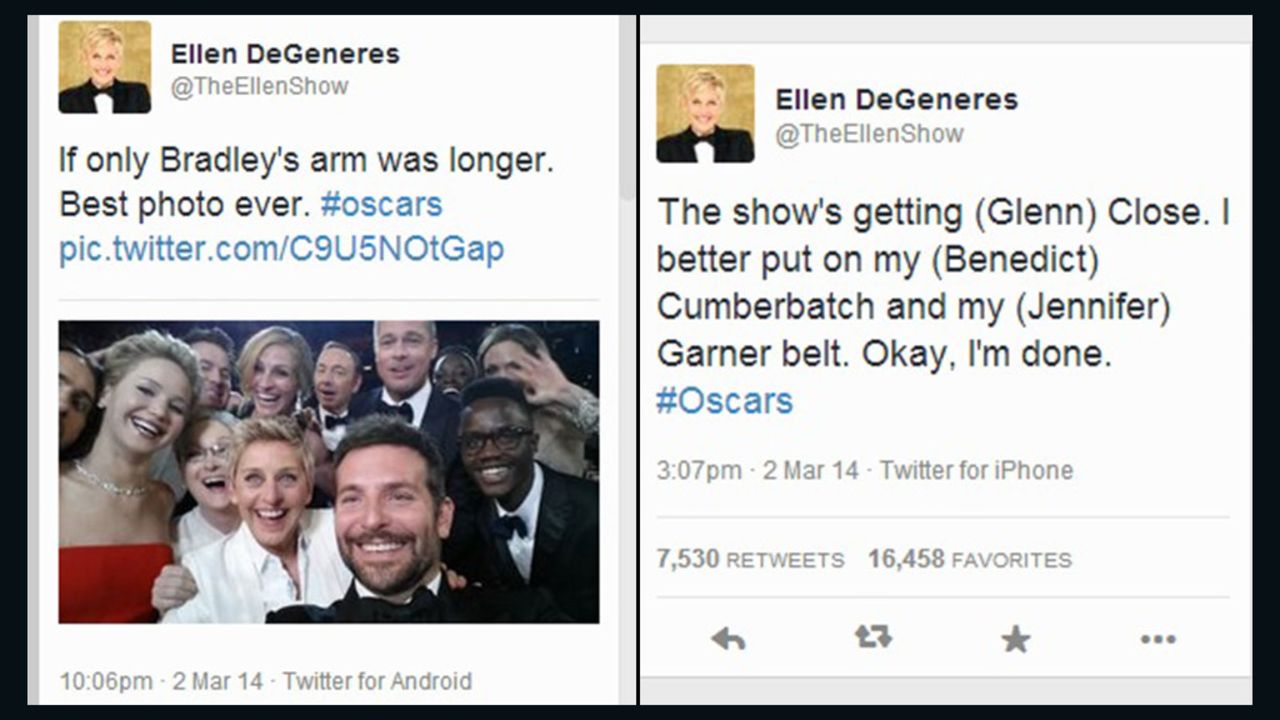 Although Samsung was an Oscars sponsor, host Ellen DeGeneres was tweeting backstage from an iPhone, as seen at right.