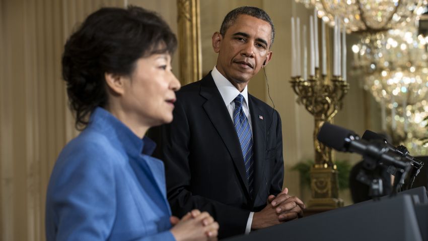 US President Barack Obama listens while President of South Korea Park Geun-hye speaks during a press conference in the East Room of the White House May 7, 2013 in Washington, DC. Obama and Park held the press conference after a meeting in the Oval Office. AFP PHOTO/Brendan SMIALOWSKI (Photo credit should read BRENDAN SMIALOWSKI/AFP/Getty Images)