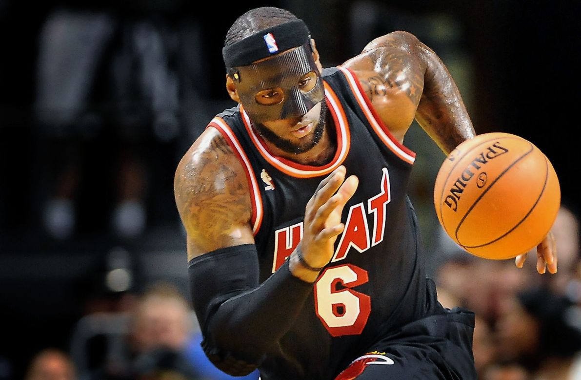 LeBron James wears a mask to protect his broken nose as the Miami Heat play against the New York Knicks in Miami on Thursday, February 27.