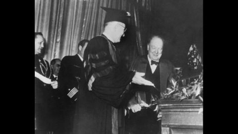 President Harry S. Truman introduces Winston Churchill at Westminster College in Fulton, Missouri, on March 5, 1946. In his speech, the former British prime minister declared, "From Stettin in the Baltic to Trieste in the Adriatic, an Iron Curtain has descended across the Continent."