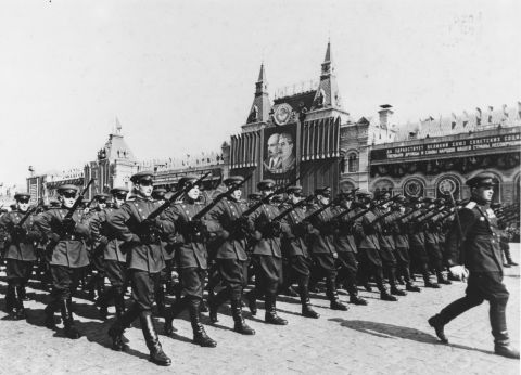 In 1955, the Warsaw Pact was organized, creating a military alliance of communist nations in Eastern Europe that included Bulgaria, Czechoslovakia, East Germany, Hungary, Poland, Romania and the Soviet Union. Here, the Soviet Army marches during May Day celebrations in 1954. 