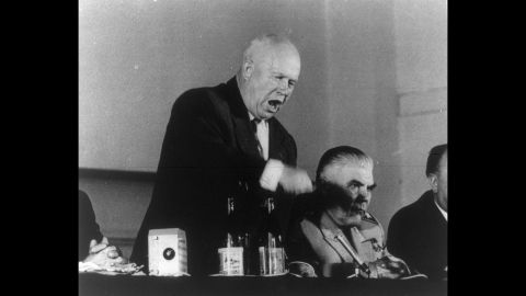 Soviet leader Nikita Khrushchev speaks at the 1960 Paris Summit, which was interrupted when an American high-altitude U-2 spy plane was shot down on a mission over the Soviet Union. After the Soviets announced the capture of pilot Francis Gary Powers, the United States recanted earlier assertions that the plane was on a weather research mission.