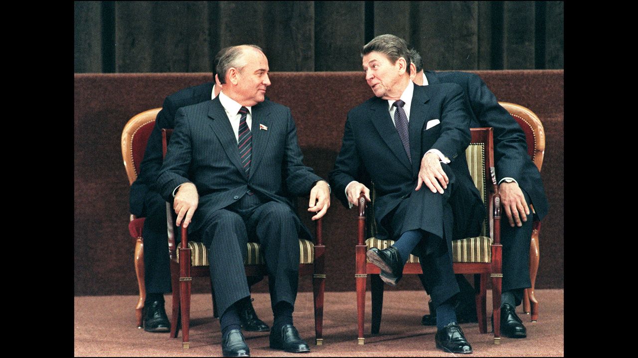 President Ronald Reagan talks to Soviet leader Mikhail Gorbachev during a two-day summit between the superpowers in Geneva, Switzerland on November 21, 1985. Gorbachev ushered in an era of economic reforms under perestroika and greater political freedoms under glasnost. Two years later, Reagan and Gorbachev signed the Intermediate Range Nuclear Forces Treaty in Washington. It mandated the removal of more than 2,600 medium-range nuclear missiles from Europe, eliminating the entire class of Soviet SS-20 and U.S. Cruise and Pershing II missiles.