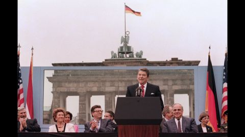 In 1987, at a ceremony commemorating the 750th anniversary of Berlin, Reagan delivered his famous speech at the Brandenburg Gate, near the Berlin Wall, commanding Gorbachev to "Tear down this wall!"  Two years later, the wall came down. 