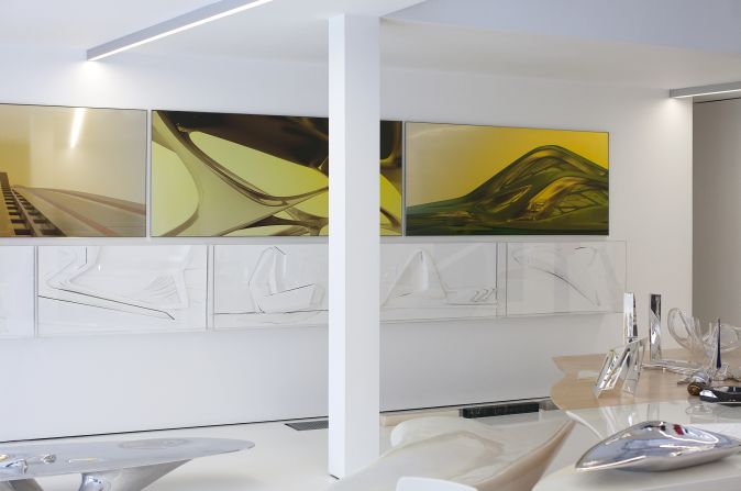 <em>Zaha Hadid, London</em><br /><br />"The space is incredibly white and bright," says Molteni. Light floods the space through a giant skylight, and the white walls keep the space luminous even on rainy days. Hadid's avant-garde aesthetic is present throughout the space, including in these sketches with their sensuous curves.